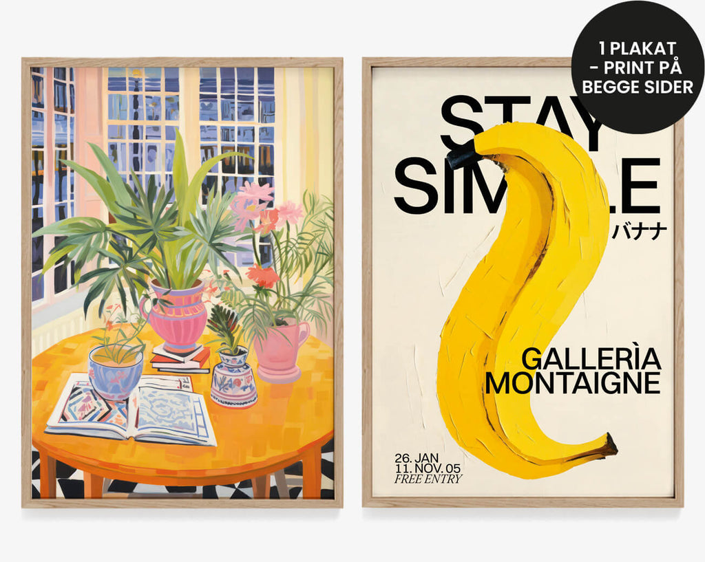 Plakat der har print på begge sider. Plakat med grønne planter til stuen. Og en gul banan. En galleriposter eller en museumsplakat. Enkel og stilren plakat.