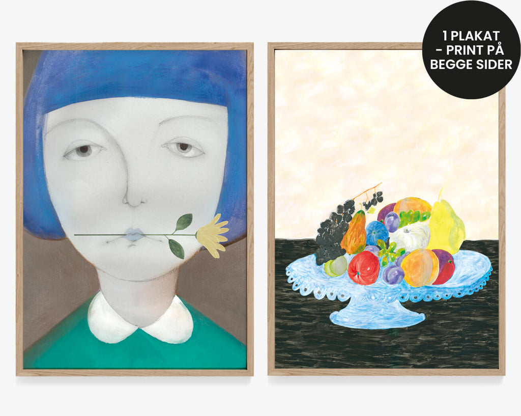 En plakat med print på begge sider. Portræt af en kvinde og et frugt fad. Nordiske farver, rolige illustrationer. Akvarel maleri.