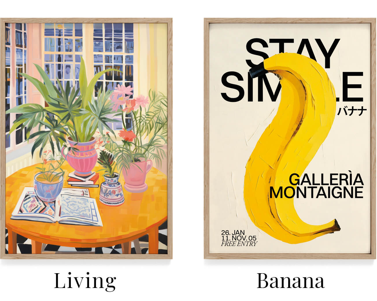 Plakat med grønne planter til stuen. Plast med en banan den minder om en Andy Warhol plakat eller en museumsplakat. Japan plakat