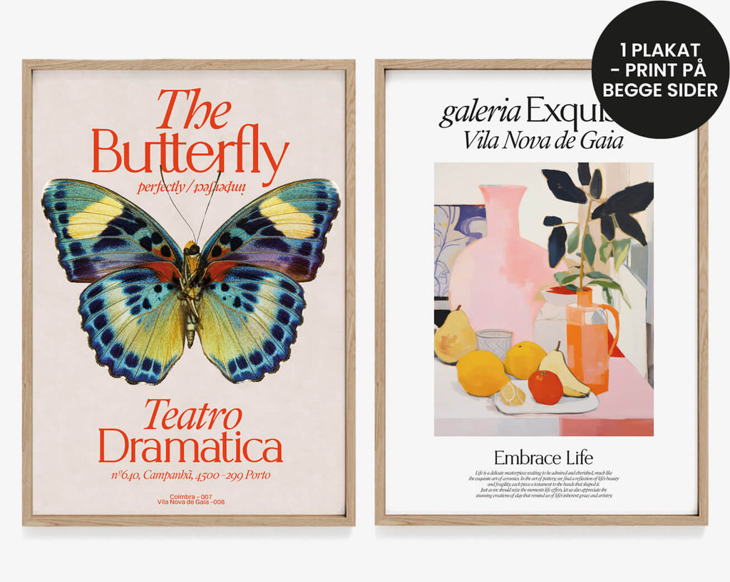 Farverig kunstplakat. Plakat med sommerfugl. Kunstplakat med stilleben. Personlig indretning med farver. Gallerivæg der skaber liv i boligen.