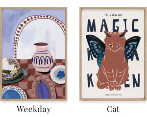 Design selv plakat. Plakat med morgenbord og en plakat med tekst og med en kat. Kustplakater til boligen.