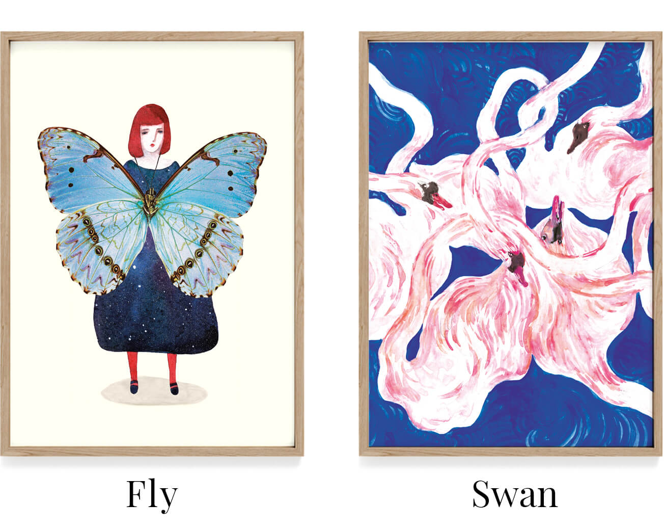 Plakat med kvinde og sommerfugl. Kunstplakat med svaner