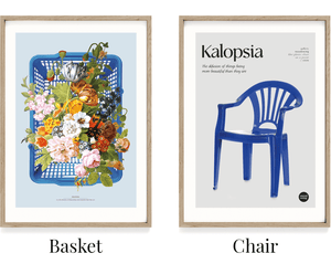 Design din egen plakat. Plakat med blomsterkurv. Museumsplakat med stol.