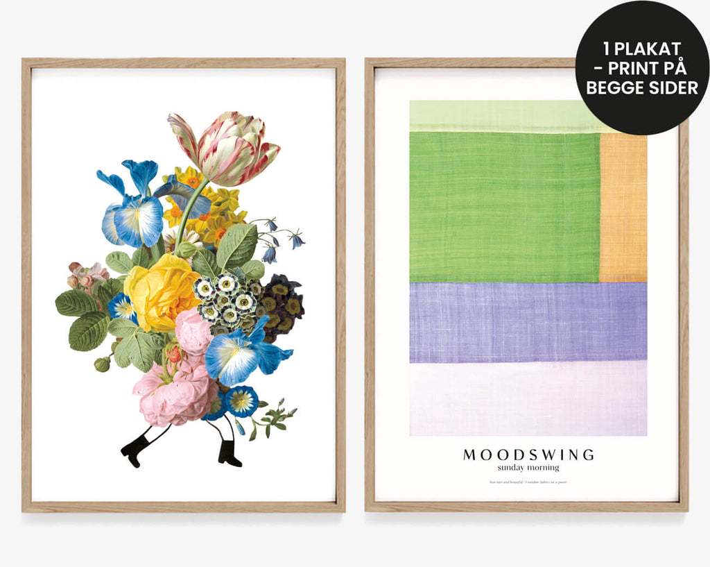 Plakat med print på begge sider. Blomsterplakat og textil print. Billedevæg eller gallerivæg med farverige billeder.