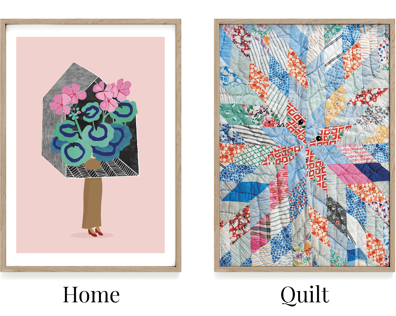 Plakat med pige og hus. Home plakat. Plaktat med patchwork. Patchwork i  boligen.