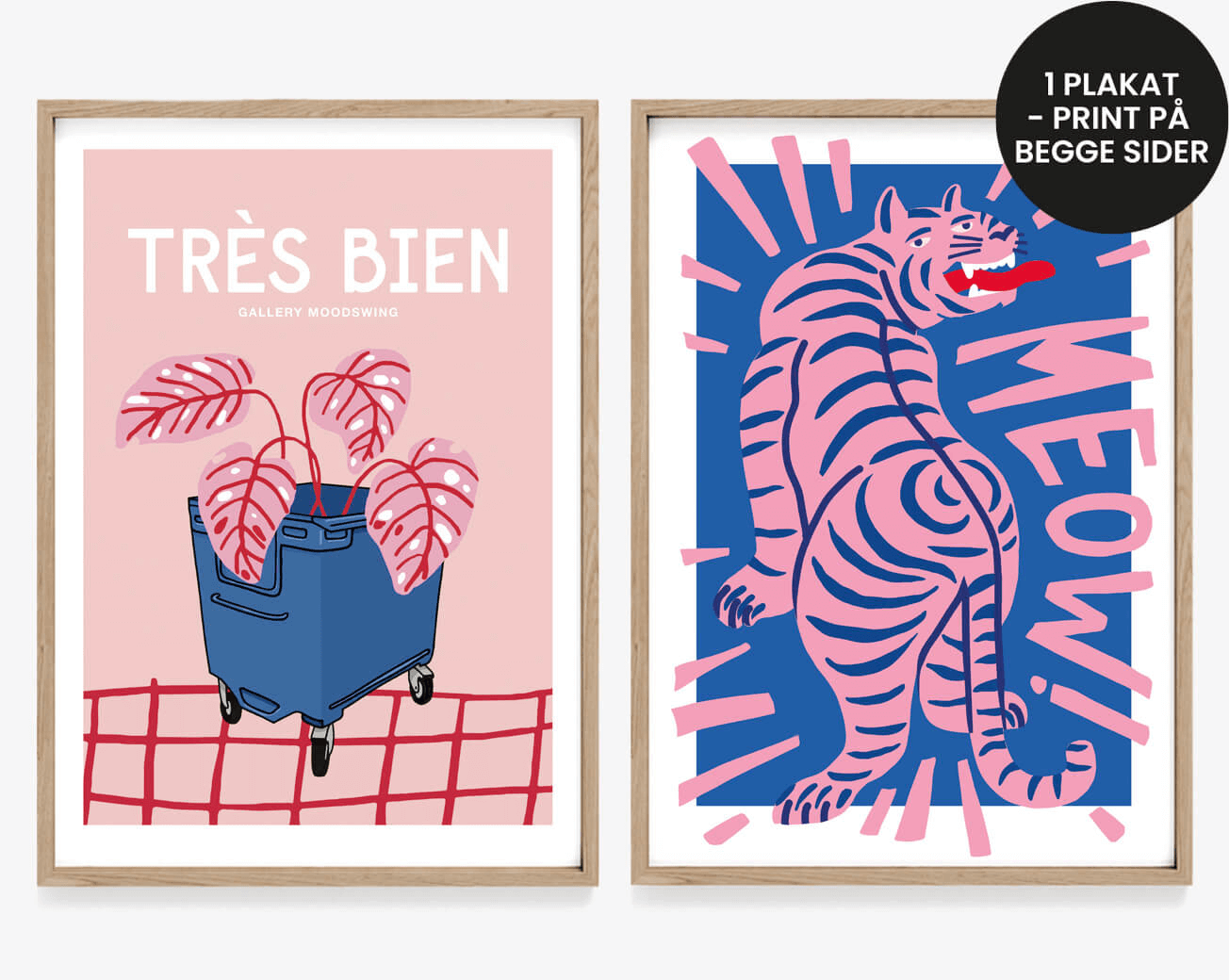 Lyserød og blå plakat. En kunstplakat med en tiger og en blomster plakat. Plakaten har print på begge sider og er perfekt til indretning af farverigt hjem. Plakaten er fra Moodswing Postershop