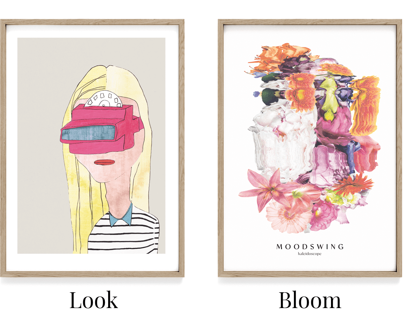 Plakat med print på begge sider. Plakat med dame. Acyl illustration på kunstplakat. Blomsterplakat i lyserøde toner.