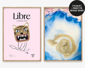 farverig plakat til hjemmet. Lyserød kunstplakat. Tigerplakat. Plakat med tiger. Plakat med print på beggesider. Marmorplakat. Plakat med marmor